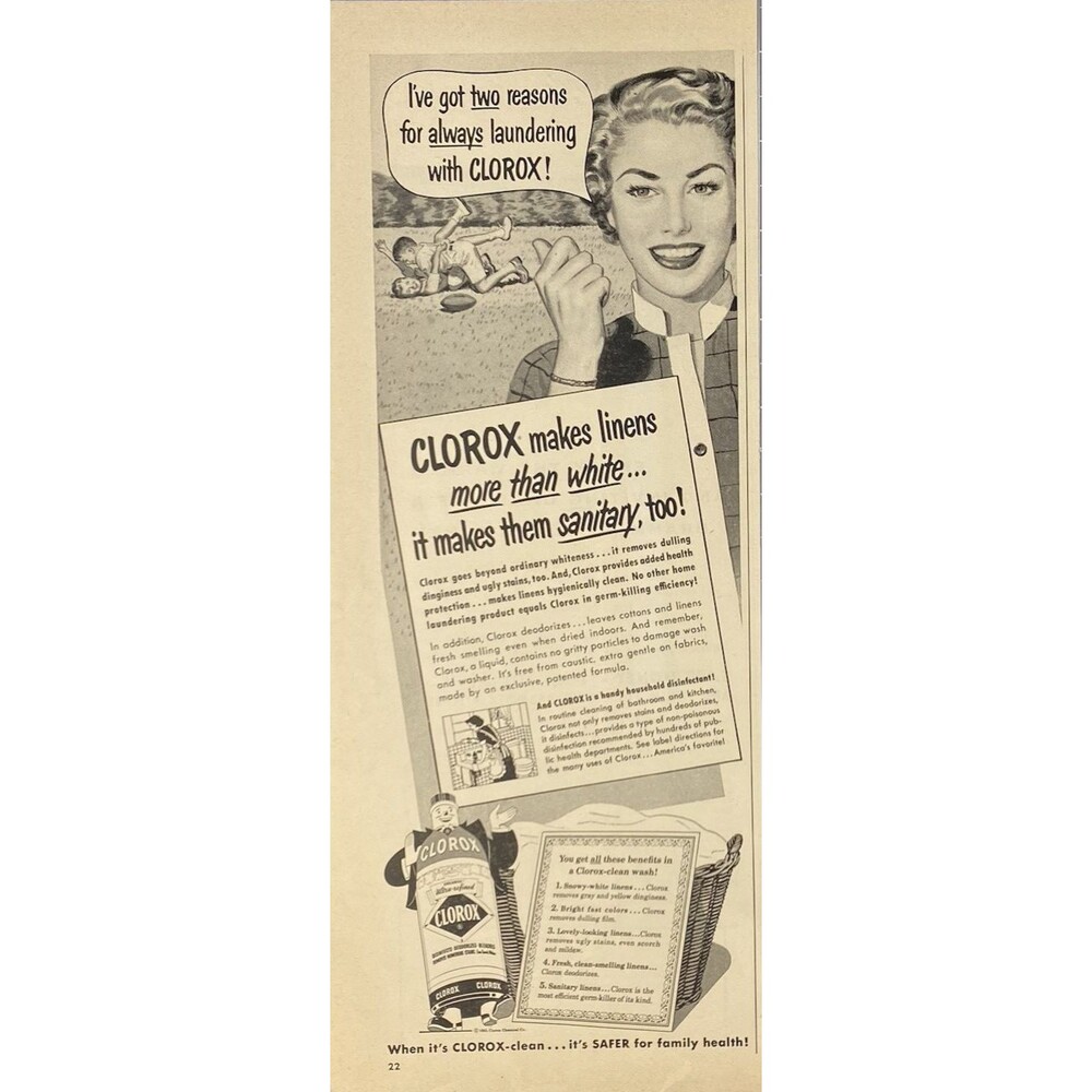 Clorox Bleach "Makes Linens More Than White It Sanitizes" Vintage Print Ad 1951